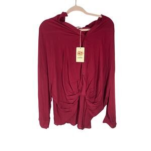 NWT Entro Boho  Equestrian Women's Front Tie Button Lagenlook Red Burgundy Top